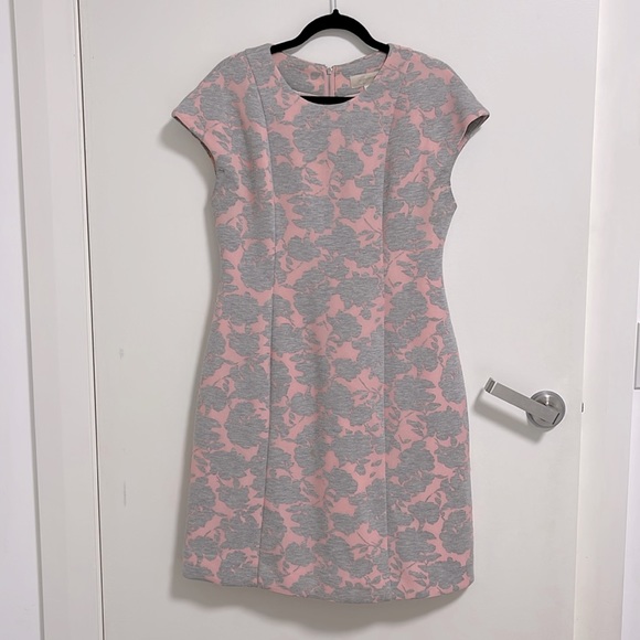 Anthropologie Mignon Doo Pink Neoprene Dress with Floral Grey Marled overlay - Picture 2 of 5